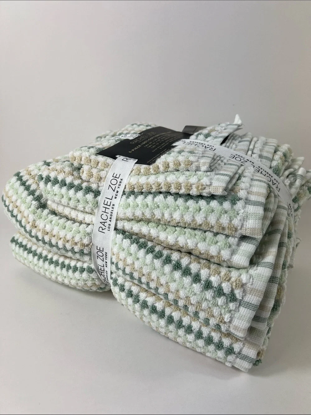 Rachel Zoe Bath Towel Set Green Tan White Waffle Soft 100% Cotton 6 Pc NEW